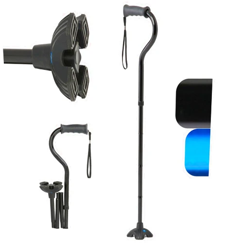 Medline Offset Folding Cane, 4-Point Base with Cushioned Gel Handle, Supports up to 350 lbs, Black