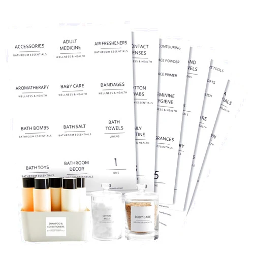 Talented Kitchen 174-Piece Set of Minimalist Bathroom Labels for Organizing Medicine Cabinets, Black Print on White Stickers for Makeup, Cosmetics, Shower Bottles (Water-Resistant)