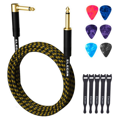 Elecan Guitar Cable 20 Feet -Right Angle to Straight Instrument Cable-Gold Plated Nylon Braided-90 Degree 1/4 Inch TS Professional Electric Bass Guitar Cord Amp Cable 6.35mm Male with 6 Guitar Picks+5 Ties