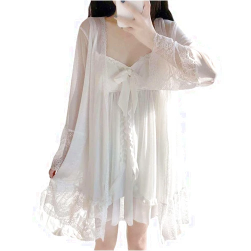 KVIS Princess Dress Sets Lace Mesh Sweet Sleepwear Girls Sexy Breathable Slim Nightdress (Color : White Sets, Size : X-Large)
