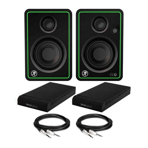 Mackie CR3-XBT 3-Inch Multimedia Monitors with Bluetooth (Pair) Bundle with Studio Monitor Isolation Pads (Suitable for 3 or 4-Inch Monitors) and 1/4 to 1/4 Inch TRS Cables (4 Items)