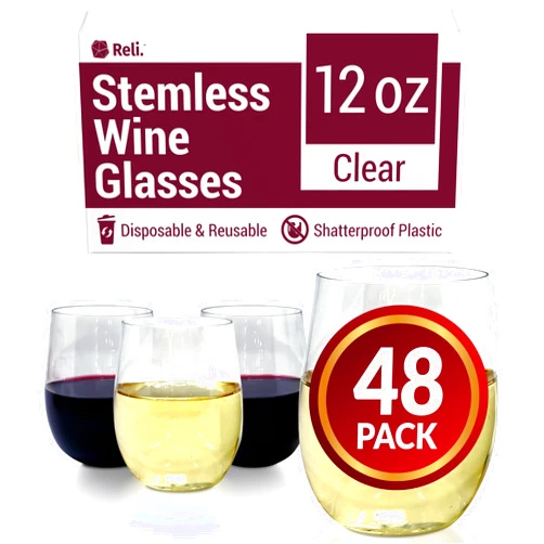 Reli. Disposable Wine Glasses (48 Pack, 12oz) Plastic Stemless Wine Glasses Disposable | Clear Plastic Wine Glasses for Parties, Cocktails, Whiskey, Wedding | Shatterproof Plastic Wine Cups Stemless