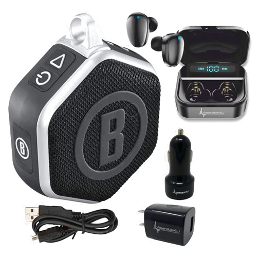 Wearable4U Bushnell Wingman Mini Black/Silver GPS Bluetooth Speaker with Wearable4U Ultimate Black Earbuds and Wall/Car Chargers Bundle