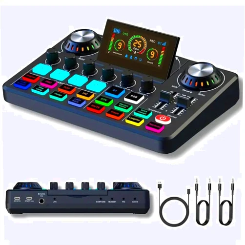 Nuoxiange F668 OTG Audio Mixer Sound Card, Voice Changer, RGB Lights, Folding Screen, Bluetooth, For Live Streaming, Gaming, Karaoke, Streamers & Gamers