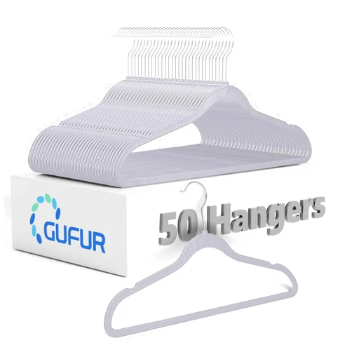 GUFUR Plastic Coat Hangers 50 Pack - Space Saving Ultra Thin Non-Velvet Clothes Hangers with 360°Rotating Hook - Heavy Duty Grey Pant Hangers for Suits and Pants by GUFUR