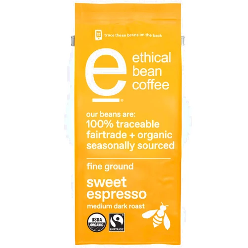 Ethical Bean Fairtrade Organic Coffee, Sweet Espresso Medium Dark Roast, Ground Coffee Beans - 100% Arabica Coffee (8 oz Bag), 0.5 Pound (Pack of 1)