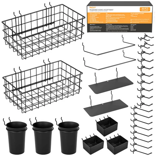 INCLY 30PCS Peg Board Organizer Accessories Kit, Pegboard Hooks Assortment with Bins, Cups, Wire Baskets and Paper Towel Holder for 1/8“ and 1/4” Pegboard Garage Workbench Craft Room Organizing Tools