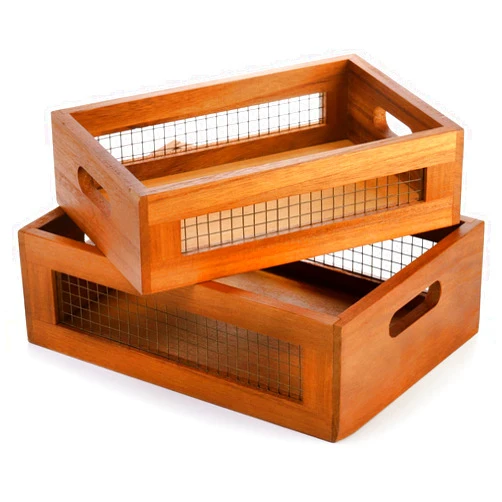 Dicunoy Set of 2 Decorative Wooden Crates, Rustic Countertop Nesting Basket with Handle, Antique Small Storage Containers for Fruit, Veggies, Kitchen, Bathroom, Shelf, Pantry, Gift Basket