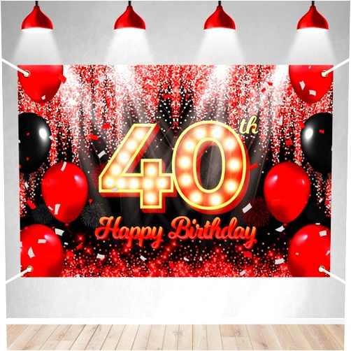 BECKTEN Happy 40th Birthday Backdrop Banner Black and Red Theme Background with Neon Shiny Fashion Birthday Party Photo Photography Prop Booth Background for Men Women Celebration 70.8x47.2in-BECKTEN