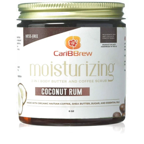 Caribbrew Coconut Coffee Scrub - Moisturizing Haitian coffee scrub with Shea Butter 8 oz (coconut rum). Sugar Scrub Body Polish, Exfoliating, Foot Scrub, Body Exfoliator, Natural Sugar Scrubs for Women & Men