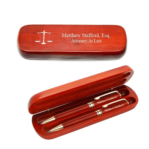 Executive Gift Shoppe | Legal Theme Personalized Cherrywood Double Pen and Box Set with Custom Engraving