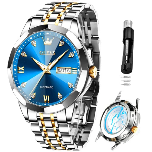 OLEVS Automatic Watches for Men Business Dress Watch Mechanical Stainless Steel Waterproof Self Winding Classic Date Luxury Diamond Men Wrist Watch