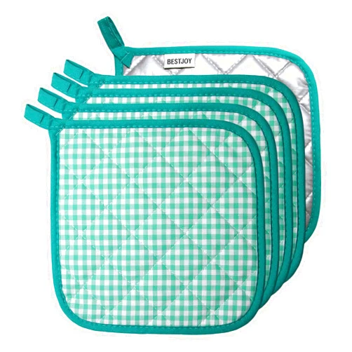 Bestjoy 5 PCS Pot Holders for Kitchen, Cotton Potholers with Great Heat Resistance, Hot Pads, Trivets for Cooking and Baking Green