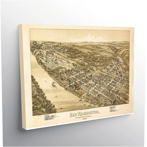 MG Global Vinage Hanging Canvas Print of New Kensington Pennsylvania 1896 Bird's Eye View | 8x12 12x18 16x24 20x30 24x36 Historical City Wall Art for Gift | Antique Rustic Home Office Decor