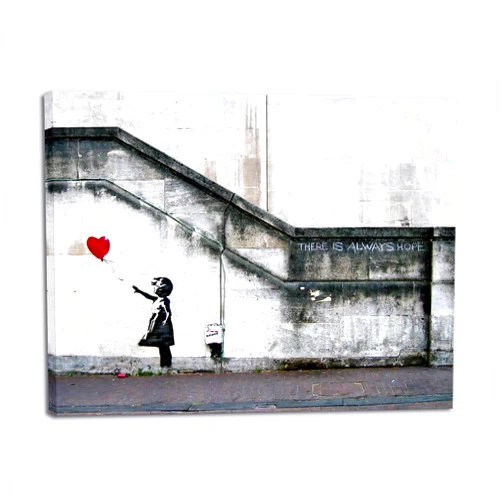 Wieco Art Banksy Grafitti Girl with Red Balloon Canvas Prints Wall Art Grey Love Pictures Paintings for Living Room Bedroom Home Decorations Modern Stretched and Framed Inspirational Giclee Artwork