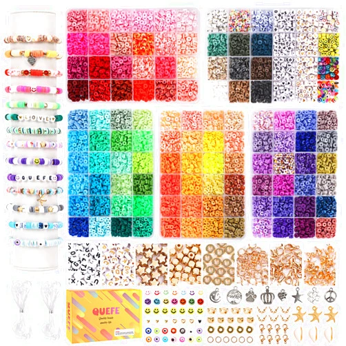 QUEFE 10800pcs Clay Beads for Friendship Bracelet Making Kit, 108 Colors Polymer Heishi Beads with Charms Preppy Beads Letter Beads for Jewelry Making Kit, for Gifts, Crafts