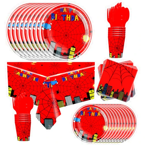 SHONHONG 81Pcs Cartoon Spider Birthday Party Supplies,Red Spider Set Tableware Plates Napkins Cups Knives Spoons Forks