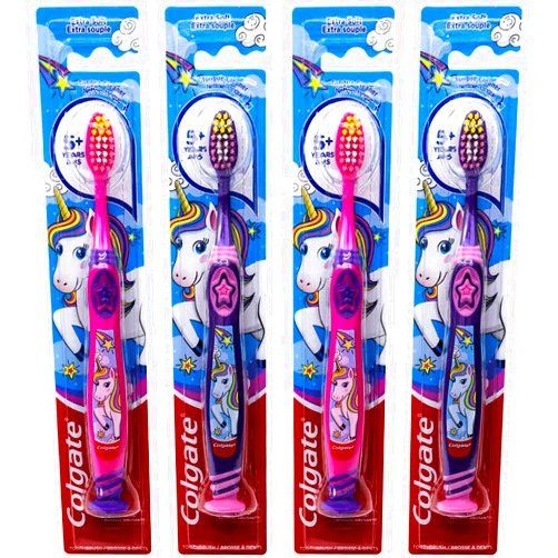 Colgate Kids Unicorn Toothbrush with Suction Cup for Children 5+ Years Old, Extra Soft (Colors Vary) - Pack of 4