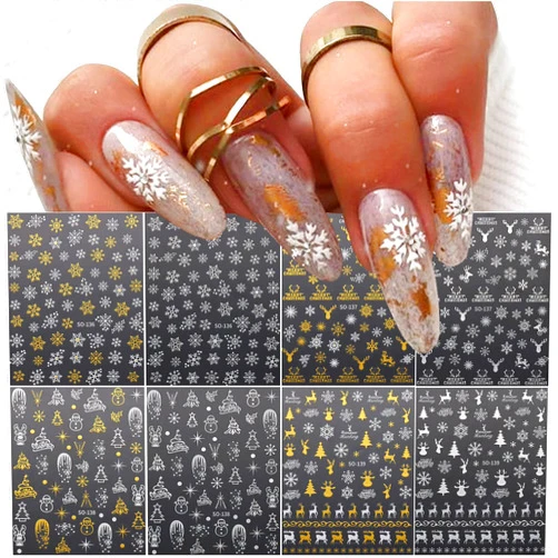 BSBTBZ 8 Sheets Christmas Nail Stickers 3D Snowflake Nail Art Supplies Santa Claus Snowflakes Tree Elk Nail Decals Gold Silver White Designs Xmas Winter Nail Sticker for Nail Art, New Year Nail Decorations