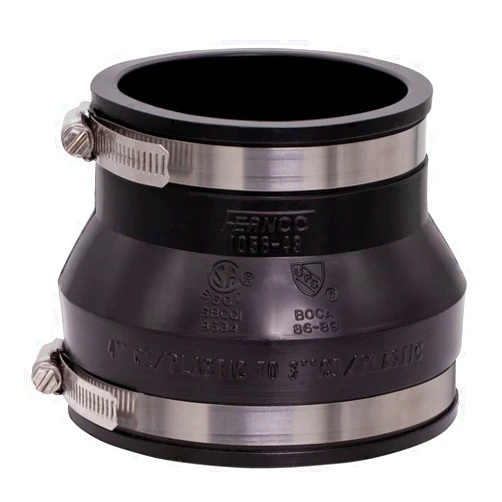 Fernco 1056-43 Reducing 4-in. x 3-in. Flexible PVC Pipe Coupling for Cast Iron and Plastic Plumbing Connections in Black