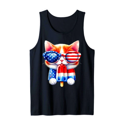 Cute Cat Popsicle 4th of july Patriotic Cat lovers Cute Cat Popsicle 4th of july kitten lovers American Flag Tank Top