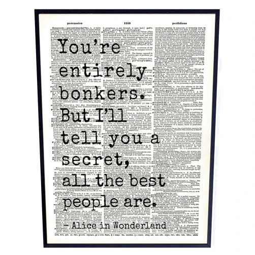 YELLOWBIRD ART & DESIGN Alice in Wonderland Quote Wall Art LARGE 11x14 - Typography Dictionary Print for Bedroom, Office, Girls Room - Cheshire Cat, Mad Hatter Decor - Lewis Carroll Inspired Positive Quotes Wall Decor Poster
