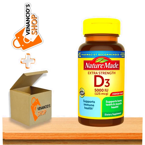 VENANCIO'S SHOP Nature Made Extra Strength Vitamin D3 5000 IU (125 Mcg) Softgels, Dietary Supplement + Includes VenanciosBox Sticker (Pack of 1-100 Count)