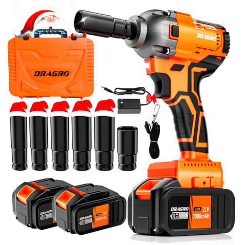 Dragro 21V Cordless Impact Wrench, 650N.m 1/2 inch Brushless Electric Impact Gun, 3000RPM High Torque Impact Driver with 2 Batteries & 6 Impact Sockets, Power Impact Wrench for Truck RV Car