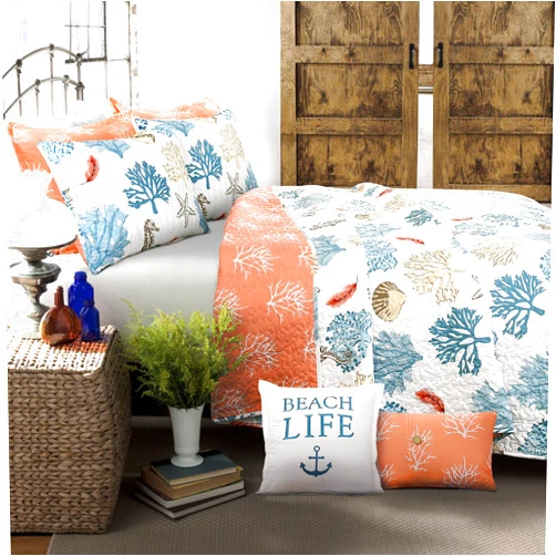 Lush Decor Coastal Reef Feather Reversible Quilt Set, 7 Piece Set, King, Blue & Coral - Tropical Beach Bedding Set With Throw Pillows - Coastal Quilts King Size - Beach House Decor