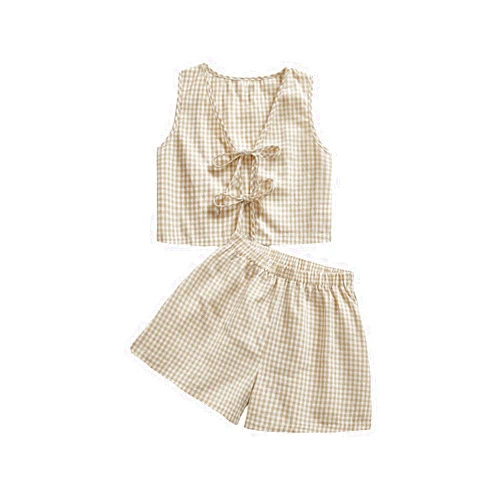 SOLY HUX Women's Summer 2 Piece Outfits Plaid Print Sleeveless Tie Front Tank Top Vest Shorts Beach Vacation Set