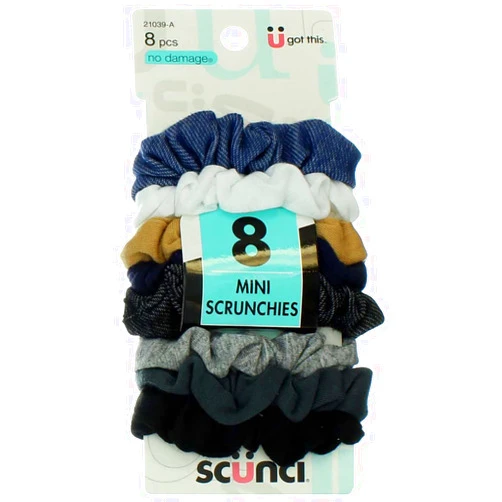 Scunci Effortless Beauty Mini Scrunchies No-damage Assorted Denim-Colors Elastics 8 Count, Ponytailers
