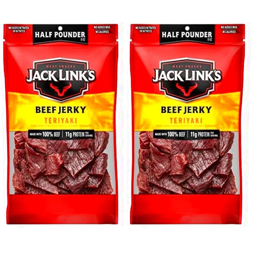 Jack Link's Beef Jerky, Teriyaki, ½ Pounder Bag - Flavorful Meat Snack, 11g of Protein and 80 Calories, Made with Premium Beef - 96 Percent Fat Free, No Added MSG or Nitrates/Nitrites (Pack of 2)
