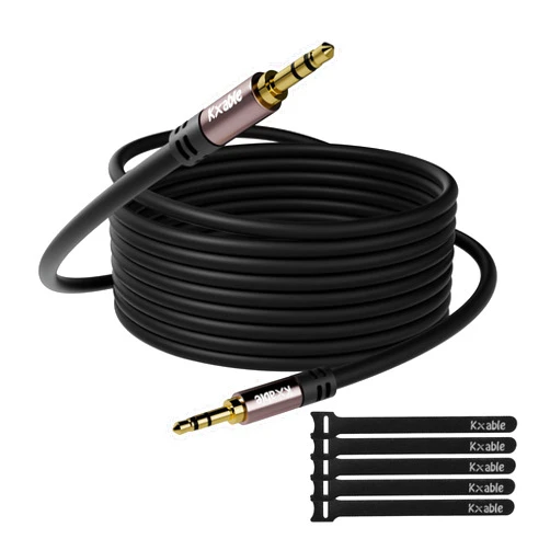 Kxable 3.5mm Auxiliary Audio Stereo Cable 25 Feet, Long Male to Male Aux Cord, Gold Plated Connectors, OFC Core, Black Cable (with 5 pcs Cable Ties) - 25ft