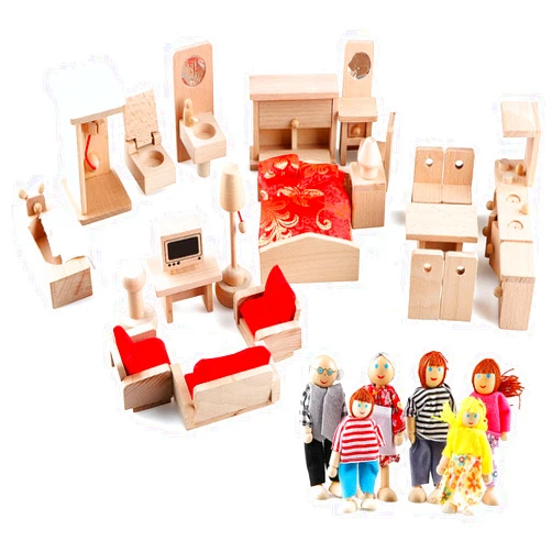Gemileo 5 Set Dollhouse Furniture Accessories Wooden Bathroom/Living Room/Dining Room/Bedroom/Kitchen House 6 Family Doll Decoration Pretend Play Kids Christmas Birthday Gifts for Girls Toys 40 Pcs