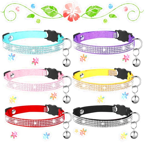 Sadnyy 6 Pcs Rhinestones Cat Collar Breakaway Bling Diamond Cat Collar for Cats Collar with Bell Soft Velvet Adjustable Safety Shine Collar for Cat Puppy(7.9-9.8 inch,Lovely Color)