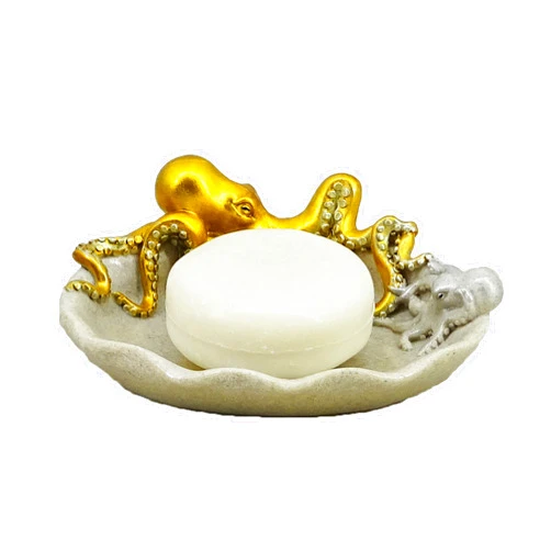 YHHRESINKING 5-inch Octopus Soap Dish - Loyal Gold Resin Bathroom Decor with Mother & Baby Design, Cast Iron Inspired Coastal Organizer