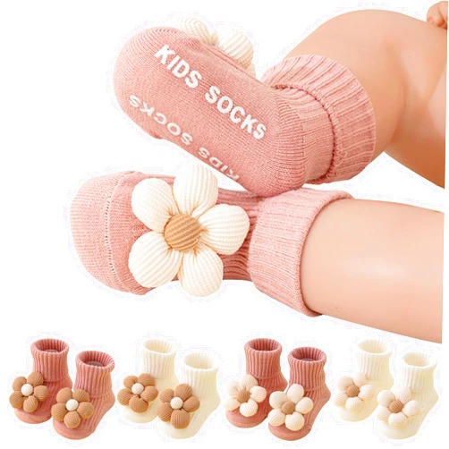 CCREDONE 4Pairs Baby Boy Girl Socks Toddler Non Slip Socks with Grips Flower Anti Skid Crew Infants