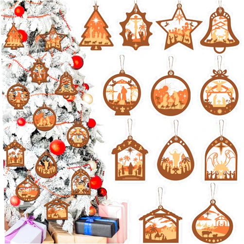 Tiamon 12 Pieces Wooden Christmas Ornaments Nativity Scene Ornaments Jesus Xmas Tree Hanging Christian Religion Bible Winter Holiday 3D Indoor Outdoor Decoration Nativity Scene Keepsake