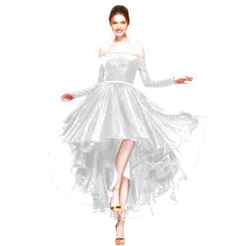 YIRENWANSHA Off Shoulderr Homecoming Dress 2018 Sequin Prom Dress High Low Long Sleeves Ball Gown H032