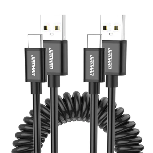 JianHan USB C Coiled Cable,[2 Pack 4ft] Retractable Curly USB A to USB C Cord for Car Type C Cable for Galaxy S10,S10+,S9,S9 Plus,S8,S8 Plus,Note 8,9,A5,A7,A8+,LG,Google (Black)