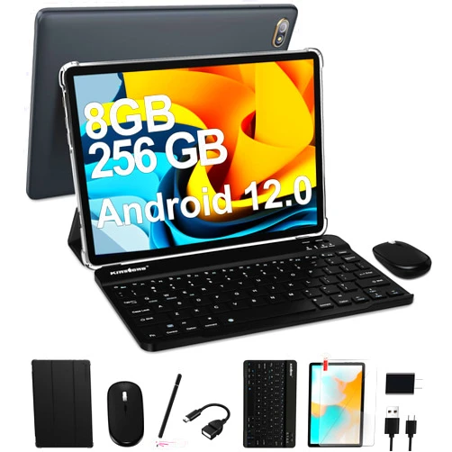 Kinstone Tablet 2024 Latest 10.1 Inch Android 12 Tablet with Keyboard, 8GB RAM, 256GB ROM, 1TB Expansion, 2 In 1 Octa-Core Tablet, 5G Wifi & 2.4G Wifi, 6000 mAh Battery, Dual Cameras, Bluetooth/Mouse/Case/GPS
