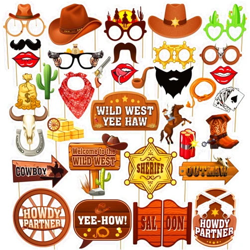 M AMFEOV 36Pcs Country Party Decorations Photo Booth Props, Western Photo Booth Props for Western Party Decorations, Wild West Cowboy Photo Booth Props for Cowboy Decorations Party