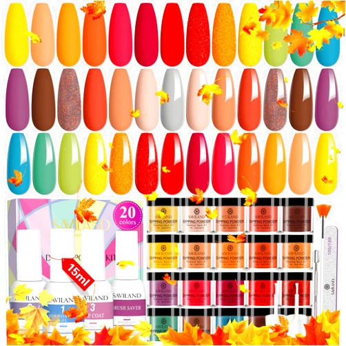 SAVILAND Dip Powder Nail Kit Starter, Orange Brown Glitter, 20 Fall Dipping Powder Colors Set with Base Top Coat Activator French Halloween Nail Art Liquid Manicure DIY Salon Home Gifts for Women