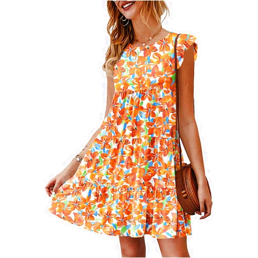KIRUNDO Women's Summer Dresses Sleeveless Ruffle Sleeve Round Neck Solid Loose Short Flowy Pleated Mini Babydoll Dress