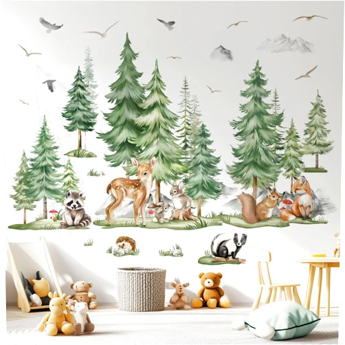 decalmile Large Pine Tree Mountain Wall Decals Woodland Animal Deer Fox Wall Stickers Kids Boys Bedroom Playroom Wall Decor (XL)