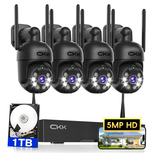 CKK [3K, 360° View] 5MP Wireless Security Camera System, 4pcs 3K PTZ Cameras Outdoor Indoor, C102 Dual WiFi Surveillance System NVR with 4LED Floodlights & Siren Alarm, 2 Way Audio,Motion Sensor,1TB HDD