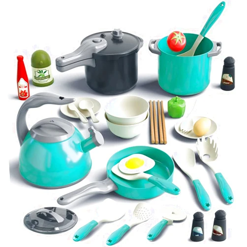 Bruvoalon 32Pcs Kids Play Kitchen Toys Set, Toddlers Pretend Cooking Playset Acccessories with Pots Pans, Utensils Cookware, Foods, Canned Veges, Learning Gift for Kids Girls Boys (Green)