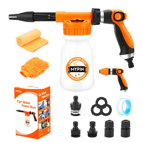 MYPIN 16 IN 1 Car Wash Foam Gun, Foam Cannon,Adjustable Hose Wash Sprayer with 2.5 to 6 Bars Foam Blaster,Wash Mitten &Towel,Suitable for Car Cleaning and Garden Use with 1/2” Quick Connector