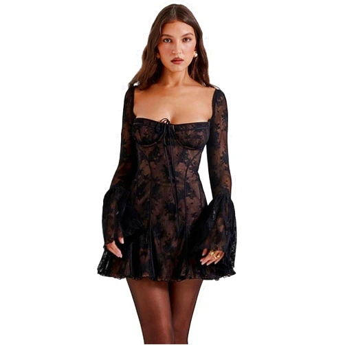 EflAl Womens Lace Square Neck Dress Summer Long Sleeved Mesh Dress Hollow Out High Waist Elegant Party Dress