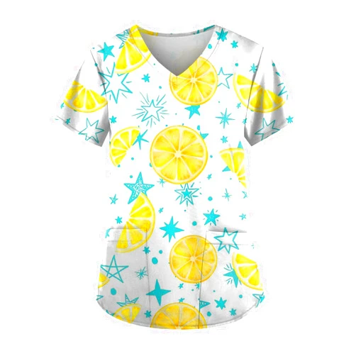 JJHAEVDY Fruit Print Scrubs Tops for Women V Neck Stretchy Nursing Uniform Cute Plus Size Short Sleeve Holiday Workwear